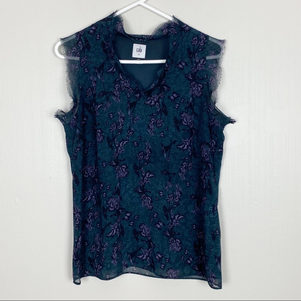 Cabi Top Womens Small Green Evermore Flutter Sleeve Floral‎ Bird Print Lined